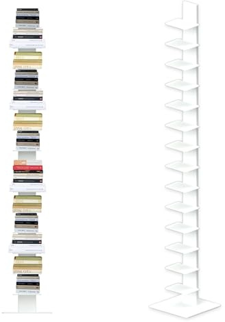 Flo.mar - Libreria a Colonna Bianca con 14 Ripiani 20x15cm - Libreria Verticale a Colonna da Terra con Base in Metallo 35x35 cm - Stretta e Alta 214 cm
