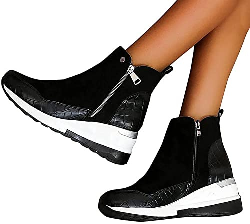 HOTRA Botas de Mujer Tacón Zapatos Deportivos Cuña Pegamento Suelas Calzado Deportivo Zapatillas con Botines de Ante con Plataforma Zapatos Botines con Cremallera (Color : Black, Size : 38 EU)