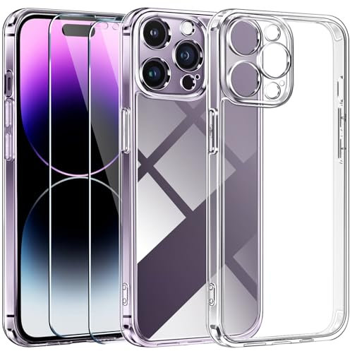 ivoler [3 in 1 Camera Cover Case Compatible with iPhone 14 Pro 6.1, 1 Crystal Phone Case + 2 Tempered Glass Screen Protector, [Anti-Yellowing] Shockproof Protective Hard Back Slim Cover - Clear