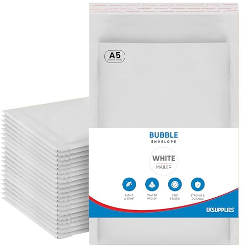 UK SUPPLIES LIMITED DL A6 A5 A4 A3 (Pick Size & Qty) Padded White Bubble Envelopes Peel & Seal Bags Bubble Mailer Postal Wrap Envelope Parcel Mailers for Mailing Goods, A5 180mm x 265mm 10 Pack