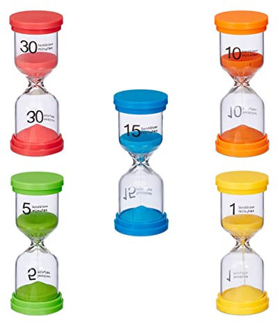 Relaxdays Sanduhren Set, 5-TLG, Kurzzeituhr, 5 Laufzeiten, HxD: 11 x 4,5 cm, Zahnputztimer, Eieruhr Sand, Kinder, bunt