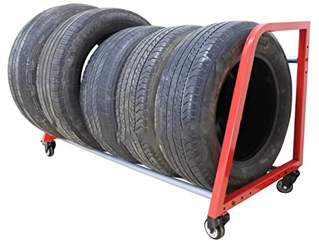 Supports Pneus Rack de Stockage de Pneus Roulant Rouge avec 4 Roues, Support Résistant de Garage de Pneu en Métal, pour Atelier, Carport, 127 × 60 Cm/ 50 × 23,6 Pouces