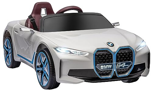 HOMCOM Coche Eléctrico para Niños 37-72 Meses Autorización BMW I4 Coche de Batería 12V con Control Remoto Música MP3 Pantalla Luces y Cinturón de Seguridad 115x67x45 cm Blanco