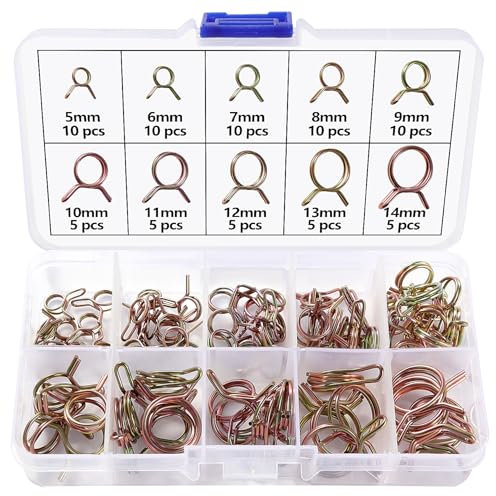 Lyeteung 75 Pièces 10 Tailles 5-14 mm Collier de Serrage de Ressort de Carburant à Double Ligne Kit, Clip à Ressort Tuyau, Serrage Durite Essence Serre-joints à Tuyaux, Or