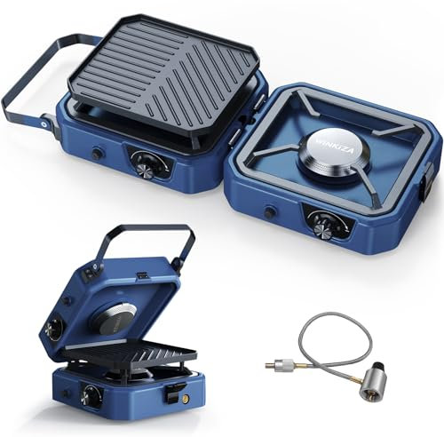 Upgraded WINKIZA 2 Burner Propane Camping Stove with Grill, Foldable Camp Stove with 16,000 BTU, Two Adjustable Burners with Piezo Ignition & Easy Carrying Handle, Portable Stove for Camping, BBQ
