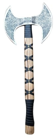 Hand-Forged Double Headed Viking Axe – 27 Odin's Carbon Steel Battle Hatchet with Leather Wrapped Wood Handle – Norse Style Throwing Axe for Camping, Collecting, Survival Gear, or Gifts.
