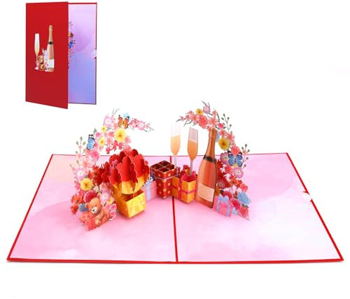 Koboko Geburtstagskarte, 3D Pop Up Karte mit Weinglas Und Blumen, Karte zum Valentinstag, Glückwunschkarte für Freundin Freund Geburtstagskarte, Hochzeitstag, Valentinstag, Jahrestag