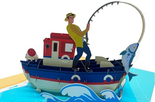 Roligt 3D pop up-kort fiskare i båt fånga fisk fars dag födelsedagspresent rolig 3D pop up-kort
