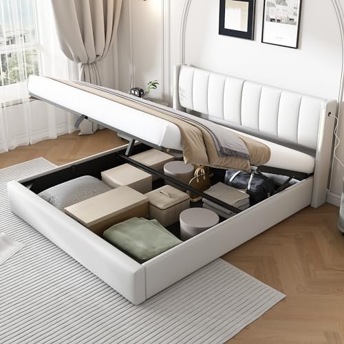 Fppuueg Cama Tapizada de 160x200 cm con Cabecero LED Inclinable y USB, Estructura de Cama Doble con Soporte de Láminas de Madera y Almacenamiento Hidráulica, Somier Metálico, PU, Blanco, Sin Colchon