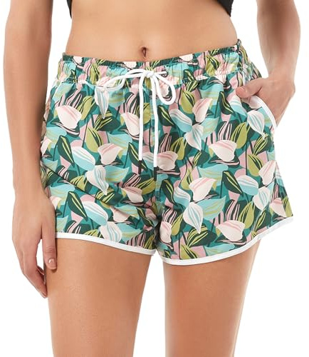 riemot Short de Bain Femme - Maillot de Bain Shorts Femmes SéChage Rapide pour Natation Plage Surf, ÉTé Short Sport Cordon de Serrage Réglable pour Course Gymnastique Loisirs Yoga, Motif Feuille, M