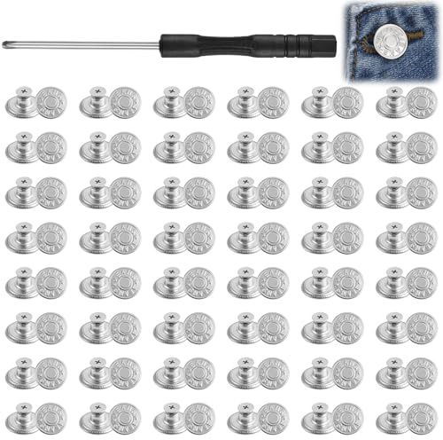 TIESOME 48 Pcs Replacement Metal Buttons, 17 mm Pants Button with 1pc Screwdriver No-Sew Replacement Jean Buttons Simple Installation Reusable and Adjustable Metal Pants Button Tightener