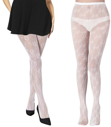 HZHSGLY 2 Pack White Lace Tights, Patterned Tights (Flower+Bow)