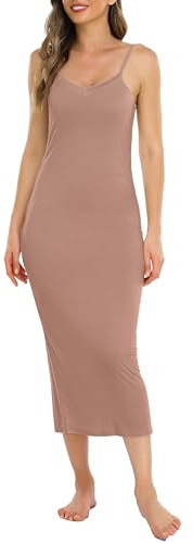 Vlazom Women's Nightdresses, Long Slip Dress for Ladies Soft Full Slip Petticoat Spaghetti Strap Chemises V Neck Nightgown Coffee,S