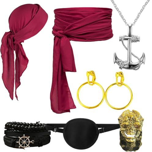Accessori Costume da Pirata, Bandana da Pirata, Ciondolo a Forma di Ancora, Braccialetti in Pelle, Pirate da Benda, Orecchini a Cerchio Oro, Anello Teschio Oro, per Halloween, Martedì Grasso, Capitano