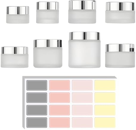 ZORVYN 8 Pots en Verre Givré 20 g – Contenants Cosmétiques avec Couvercles Standard, 1 Feuille d'Étiquettes Imperméables pour Crèmes, Baumes & Voyages