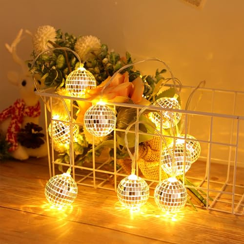 TEHAUX Led Disco Ball String Lights, 6FT Battery-Powered Hanging Glass Mirror Ball Lights String for Parties, Patios, Gardens, Bedrooms (Battery Not Included) Silver