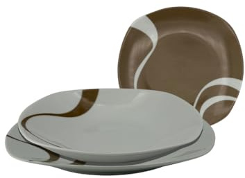 Servizio Piatti in Porcellana 18 Pezzi Kyo – 6 Piani 25 cm, 6 Fondi 23 cm, 6 Dessert 19 cm – Finitura Lucida – Bicolore Tortora/Marrone – Lavastoviglie & Microonde – Design Moderno
