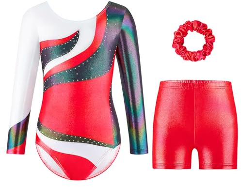 Gymnastiktrikåer set för dansande flickor – långärmade och ärmlösa trikåer med shorts och pannband tonad färg glittrande balettdansande enheter gymnastikkläder, present till 110–150 cm flickor, C185