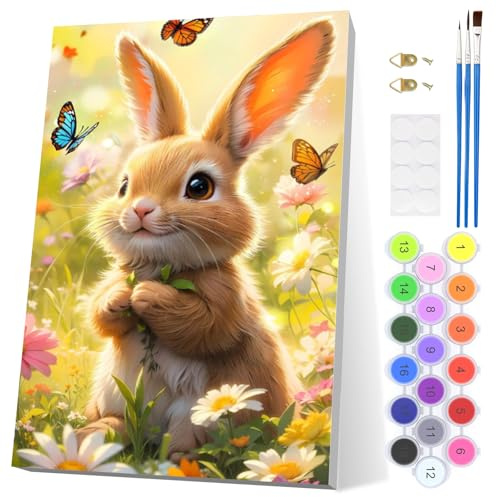 EOBROMD Conejo Pintar por Numeros Adultos, Flores Pintura por Numeros con Marco, Animales Kit de Pintura al óleo de Lienzo DIY para con Pinceles, Pigmento Acrílico, Decoración para el Hogar 20x30cm