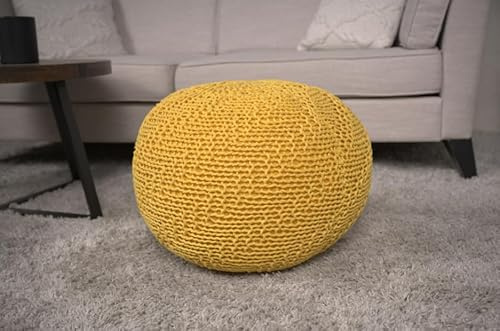 Knitted Cotton Round Pouf, Yellow IH508