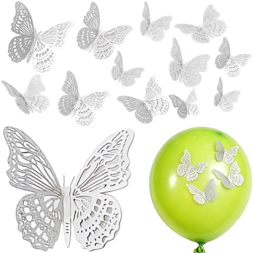 FHUZRE 12 Piezas Mariposa Decoracion Pared 3D, Decoración Fiesta Cumpleaños Pegatinas Pared Decorativas Mariposa 3 Tamaños, Adornos para Mariposas Papel Salon Dormitorio(Plata)