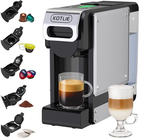 Macchina da Caffè a Capsule 5 in 1, 19 Bar, per Nespresso* Original, Dolce Gusto*, A Modo Mio*, Caffè Macinato e Cialde ESE 44mm, 7 Livelli di Volume con Sensore del Livello dell'Acqua, 1 L Serbatoio