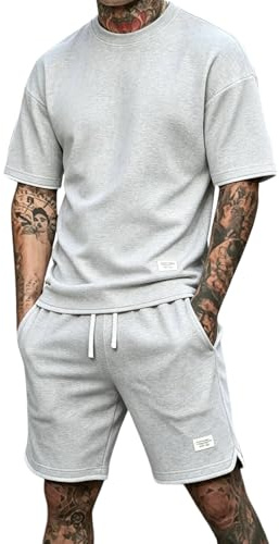 Saymany Ensemble Ete Homme Ensemble Short Et T-Shirt Imprimé Gaufré À Col Rond Tenue D'Été pour Homme Survêtement Court Décontracté Et Confortable Streetwear Vêtements D'Intérieur Amples Style Y2K