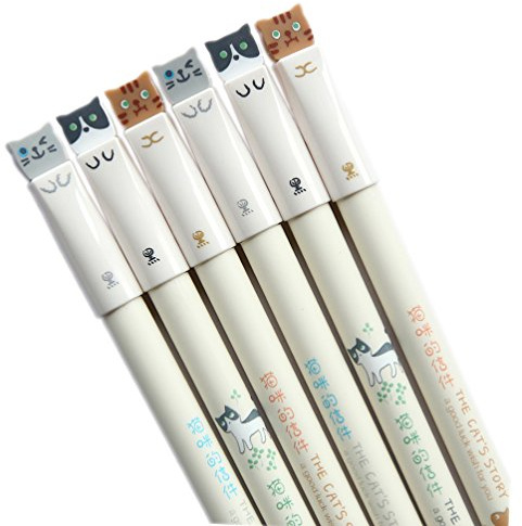 GANSSIA Colorful Cats Design 0.38mm Gel Pens Black Ink Pen Pack of 6 PCS