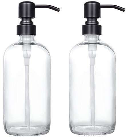 2 Pack Thick Clear Glass Pint Jar Soap Dispenser with Matte Black Stainless Steel Pump, 16ounce Clear Boston Round Bottles Dispenser with Rustproof Pump for Essential Oil, Lotion Soap