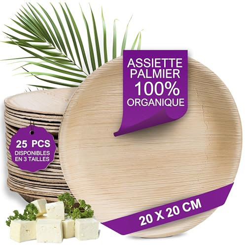 Waipur Piatti in Foglia di Palma Biologici - 25 Pz Rotondi 20x20 cm - Stoviglie Monouso Biodegradabili di Alta Qualità - Eleganti e Resistenti - Naturali e Compostabili - Simile al Bambu