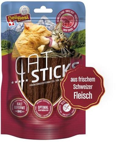 DeliBest Cat Sticks aus 85% Schweizer Rindfleisch I Katzen Leckerlies getreidefrei I halbfeuchte Leckerlies in Stickform I Katzensnack ohne künstliche Zusatzstoffe I Allergiker geeignet I 50g