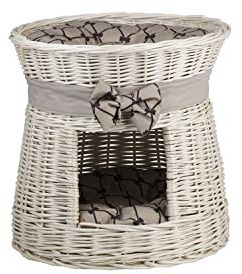 e-wicker24 Alles aus Weide Rund kattkoja i vitt, korg, korg för katt med två våningar, kattlager med kudde och rosett, katttorn