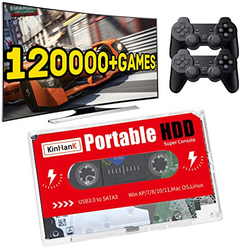 Kinhank 2TB External Hard Drive,Retro Game Console with 120000+Games,Retro Game Console HDD,Batocera 33 Game System for Laptop/PC/Windows/Mac OS,Compatible with Most Emulators,2 Controllers,USB 3.0