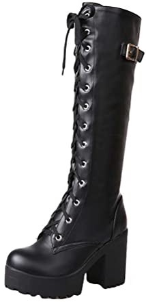 Minetom Bottes Femme PU Cuir Bottes À Lacets Gothiques Punks Boots Automne Hiver Talon Bloc Plateforme Bottes Hautes Chaussure A Noir 40 EU