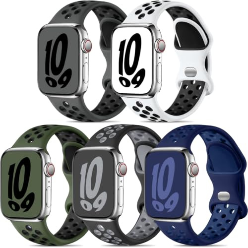 Dirrelo 5 Pack Bracelets Compatible avec Bracelet Apple Watch 44mm 46mm 45mm 42mm 49mm Homme, Sport Silicone Bracelet pour iWatch Apple Watch SE 3 2 Series 11 10 9 8 7 6 5 4 3 2 1 Ultra 3 2, Foncée E