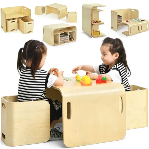 RELAX4LIFE Set da Tavolo e Sedie per Bambini con Design Multiuso, Tavolo/Scrivania/Panca con Schienale/Tavolino Laterale 4 in 1, Salvaspazio, in Legno di Betulla (Naturale)