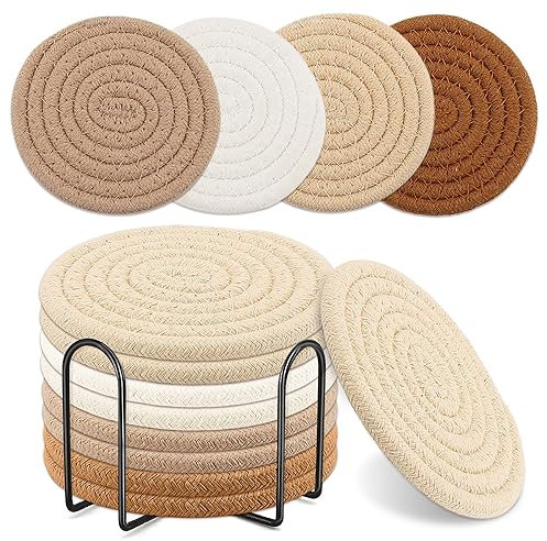 8 Stück Boho-Untersetzer für Getränke, saugfähige Getränkeuntersetzer mit Metallhalter, gewebter Baumwoll-Untersetzer, minimalistisches Tassen-Untersetzer-Set für Heimdekoration, Tischschutz,