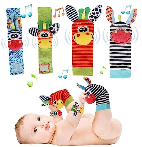 Accevo Cute Animal Wrist Rattles & Foot Finder Socks for Babis Soft Baby Arm Hand Bracelet Wristband Rattle Feet Leg Ankle Socks Newborn Toys for Baby Girls Boys 0-3 3-6 6-9 9-12 12-36 Months