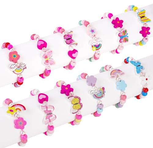 AUAUY 12PCS Wooden Beaded Girls Bracelets, Butterfly Rainbow Design Wooden Beaded Friendship Bracelets for Girls, Party Bag Fillers for Kids Party, Christmas Birthday Party Favours, Stocking Filler