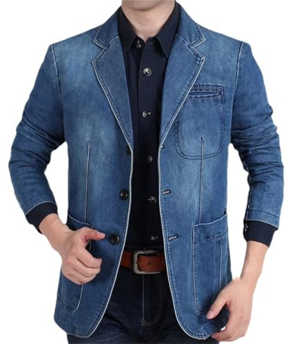 Hombres Primavera Solapa Denim Traje Chaqueta Clásico Slim Lavado Retro Azul Solo Pecho Jeans Blazer Abrigo Light Blue XXL