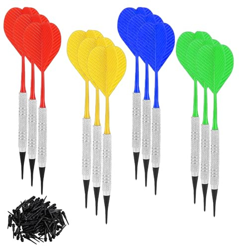 aghoer Dardos de 12 Piezas con Puntas de plástico, Juego de Dardos Blandos portátiles con 100 Puntas de Dardos de plástico, 4 Colores, Dardos Profesionales duraderos
