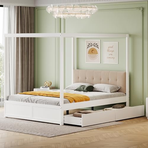Goeria Cama con dosel de 140 × 200 cm, respaldo suave y con cajones grandes, cama de madera blanca