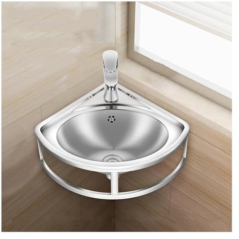 NQNFWCRJ Wall Mount Bathroom Sinks 304 Stainless Steel Single Bowl Sink Commercial Working Sink with Hot and Cold Faucet and Overflow Corner Washbasin Sink