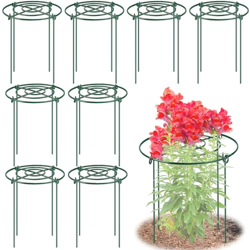 8 Pack Peony Cages and Supports, 11.5 Dx16 H Plant Supports for Outdoor Plants, Heavy Duty Metal Peony Support Cage Flower Support Rings, Plant Support Ring for Rose Tomato Hydrangea Strawberry