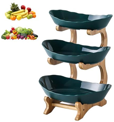 Sightday 3 Etagen Obstkorb,Gemüse Aufbewahrung,Obstschale Etagere Holzregal PP Obstschale,Abnehmbare Schüssel,Stapelbar,Obst Und Gemüse Aufbewahrung,Gemüseregal für Brot,Gemüse,Snacks(Obstkorb Grün)