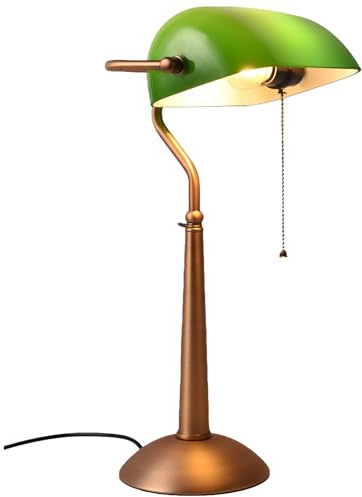 COSYLUX Tall Bankers Lamp, Vintage Sleek Green Glass Table Lamp with Pull Switch, Antique Bronze Metal Bankers Desk Lamp for Office, Study Room, End Table, Bedside (Green)