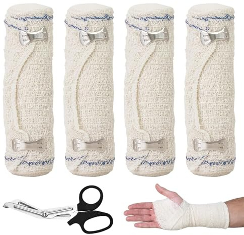 VEGCOO Lot de 4 Bandage Medical Extensible Hypoallergénique avec Clip en Métal, Bande de Crêpe pour Blessures Sportives, Écorchures, Soins Postopératoires (1 Size)