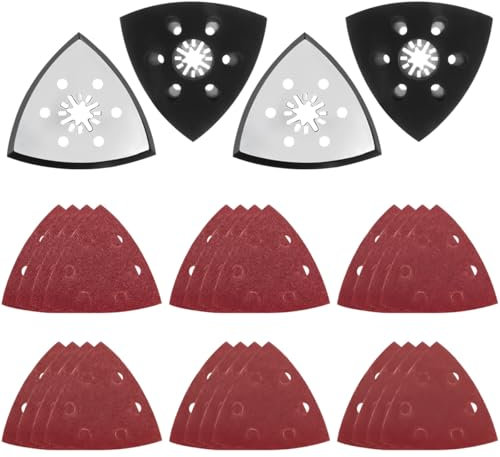 4 Pezzi Triangolari Piastra di Levigatura, 88mm Disco Abrasivo Triangolare, Multifunzione Accessori con 24 Fogli di Carta Vetrata(40/60/80/120/180/240), Adatto per Legno, Metallo, Plastica Dura, Gesso