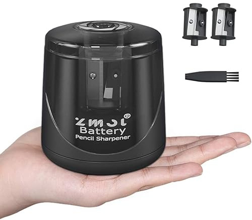 ZMOL Electric Pencil Sharpener, Battery Operated Small Portable Sharpener with Container, 2 Spare Blades & Brush, for 6-8mm No.2/HB & Coloured Pencils, School/Office/Home, Black