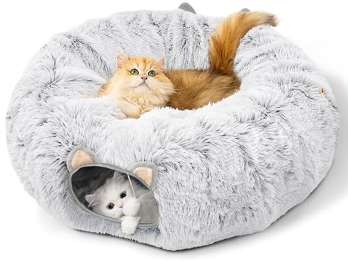 Unisun Cat Tunnel Bed for Indoor Cats, 3-in-1 Cat Donut Tunnel Toys for Small Large Cats with Washable Sleeping Pad, Peekaboo Cave Hideaway for Kitten Puppy Rabbit Ferrets, Ash Grey
